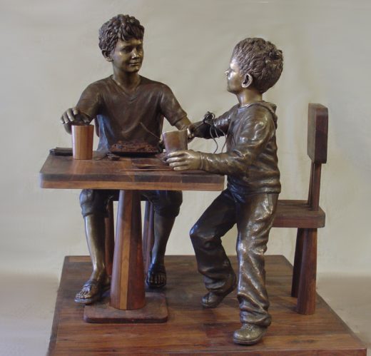 Boys eating pasta, fine art figurative bronze sculpture by artist Robert Cunningham